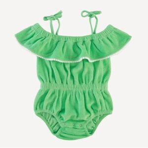 NWT Kate Quinn bubble romper‎ green terrycloth ruffle off shoulder 12-18 months